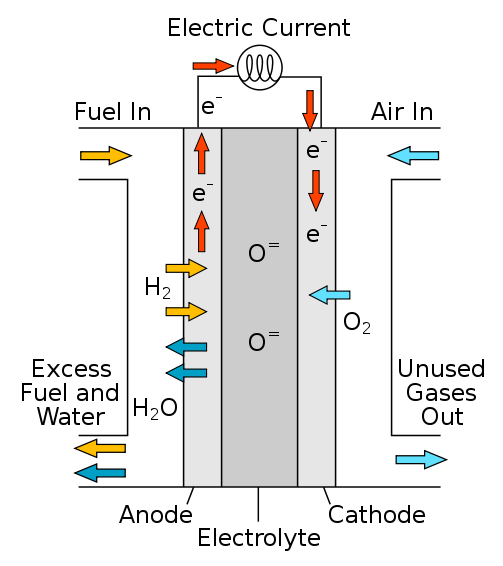 Figure 1. A diagram of a solid oxide fuel cell (SOFC). Molecular oxygen becomes oxide ions (O2-) and combines with hydrogen to form water, while simultaneously producing electricity.[2]