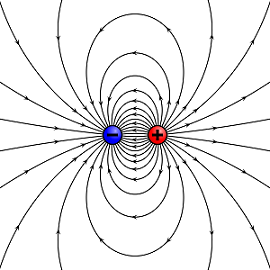 Figure 2. An interaction of positive and negative electric field lines, shown to be attractive.[3]