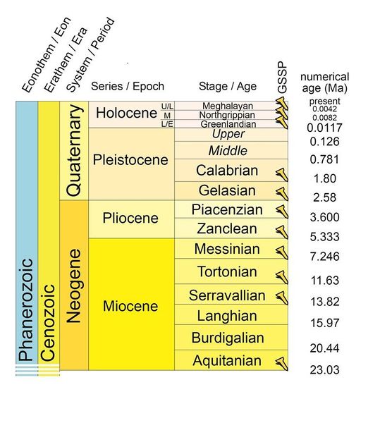 Figure 1. Quaternary period time scale. Note the Meghalayan, at the top right.[1]
