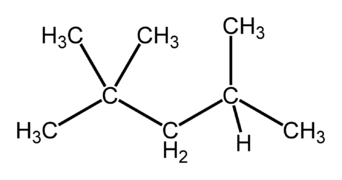 Figure 2. iso-octane, a more branched isomer of octane, used in most fuels and gives the octane rating for a fuel.[4]