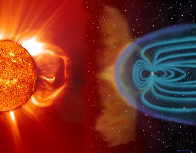 Figure 4: The magnetic field of the Earth protects the planet from harsh solar winds.[7] Note the Earth-sun distance is not to scale in this image, the Earth is much farther away from the sun than this picture implies.